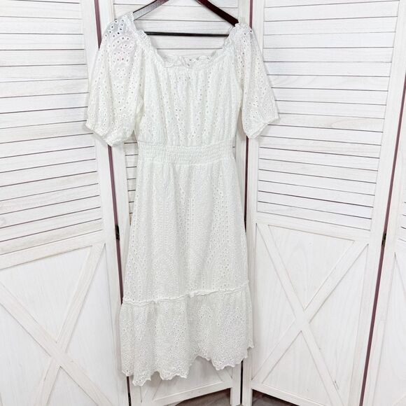 Betsey Johnson Eyelet Off The Shoulder Smocked Waist Midi Dress White Large - Picture 10 of 14